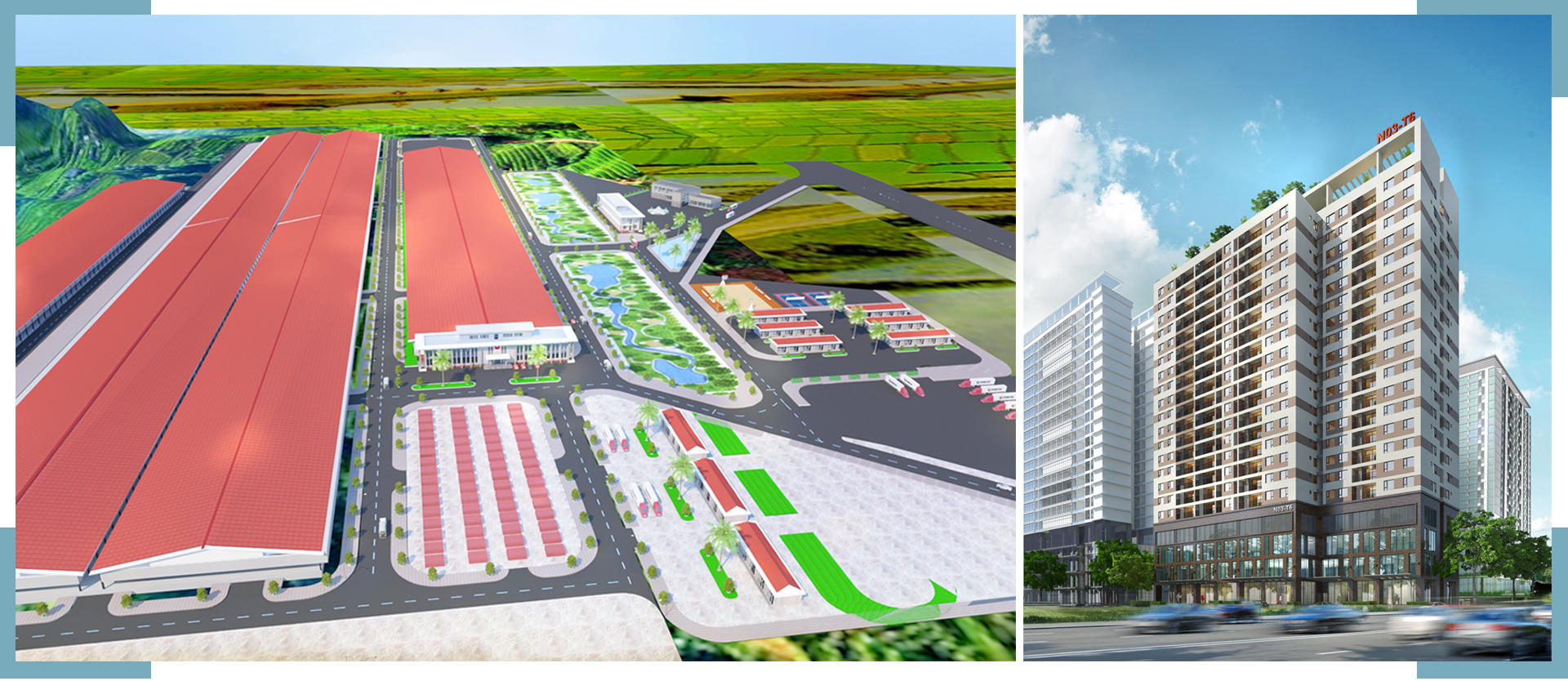 Phối cảnh tổng thể Khu liên hiệp sản xuất vật liệu xây dựng tại xã Nghi Văn, huyện Nghi Lộc (trái) và phối cảnh tòa chung cư cao cấp tại Khu ngoại giao đoàn Hà Nội.