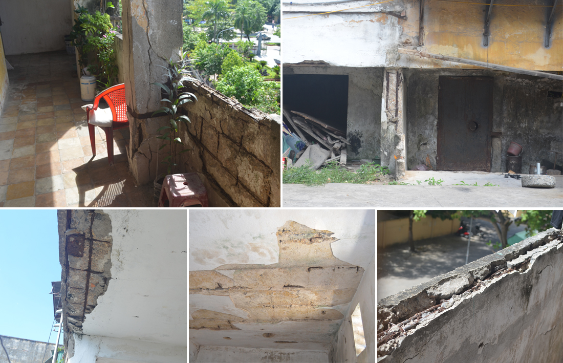 Ở các chung cư cũ Quang Trung, đều chung tình trạng xuống cấp trầm trọng. Hệ thống cột vỡ nứt; mái trần và tường thủng, bong lở...