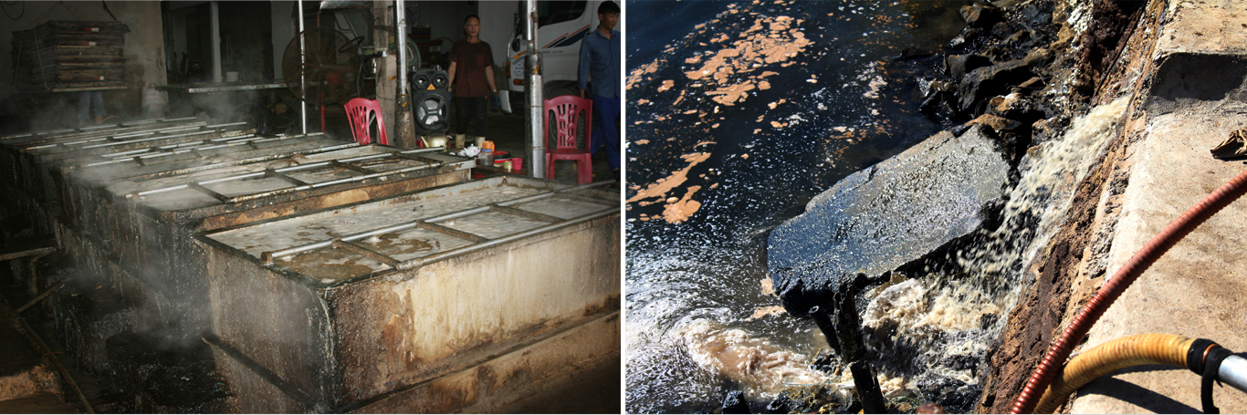 Toàn bộ nước hấp cá lò hấp sấy cá cơm Hoài Đạt ở làng nghề Phú Lợi 1, phường Quỳnh Dị, thị xã Hoàng Mai đều xả trực tiếp ra sông Hoàng Mai. Ảnh: VH