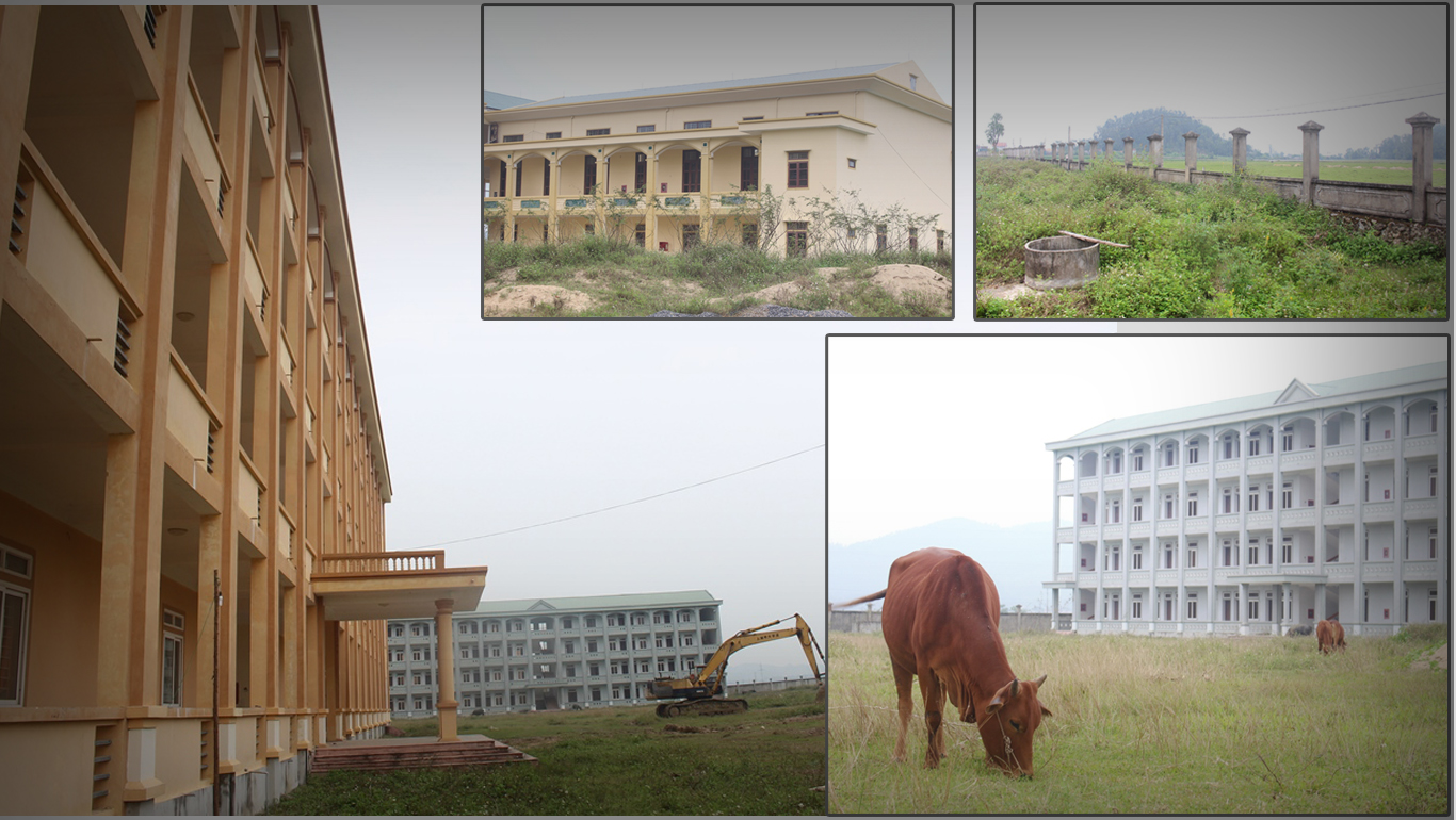 Sau gần 8 năm thi công, Trường Trung cấp kinh tế Bắc Nghệ An tại xã Quỳnh Hoa  (Quỳnh Lưu) chưa thể hoàn thành. Đất dự án đã thành bãi chăn thả trâu bò. Ảnh: PV