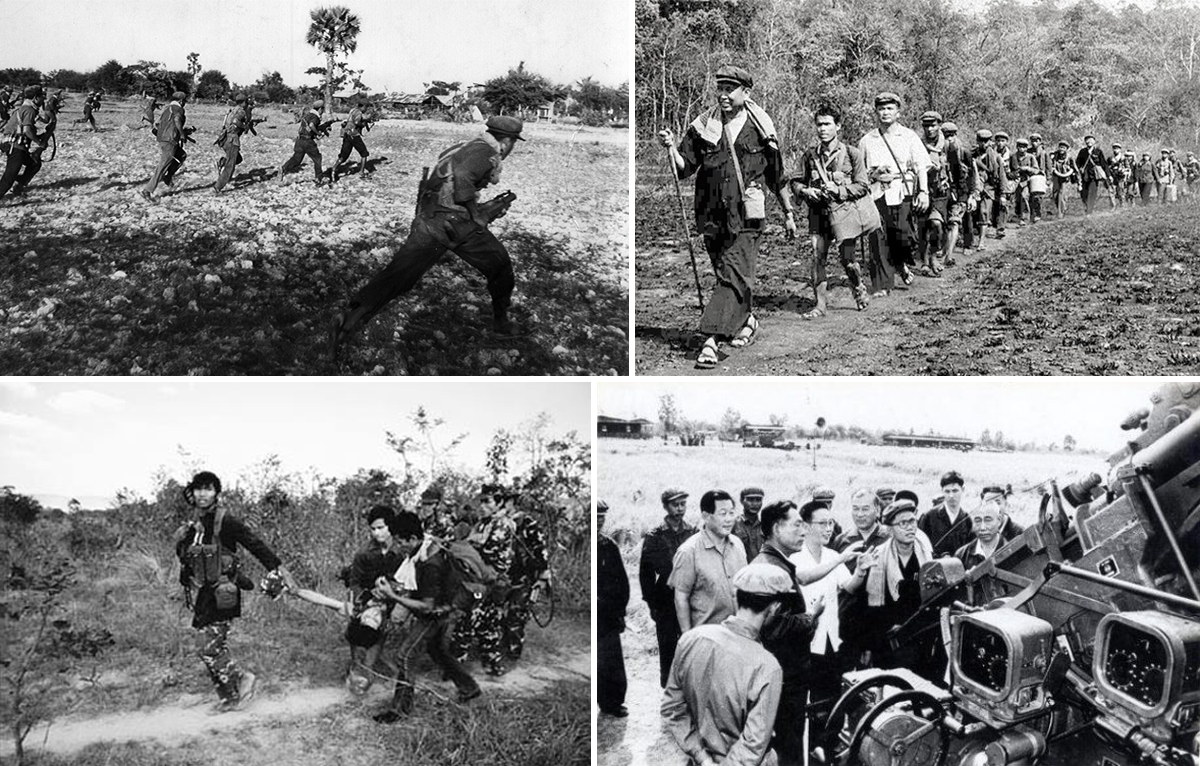 Quân đội Khơ me đỏ tấn công biên giới Việt Nam; Pol Pot dẫn đầu quân lính Khơ me đỏ; Lính Khơ me đỏ bị thương trong các cuộc giao tranh ở biên giới; Son Sen (ở giữa) Bộ trưởng Quốc phòng của Khơ me đỏ.