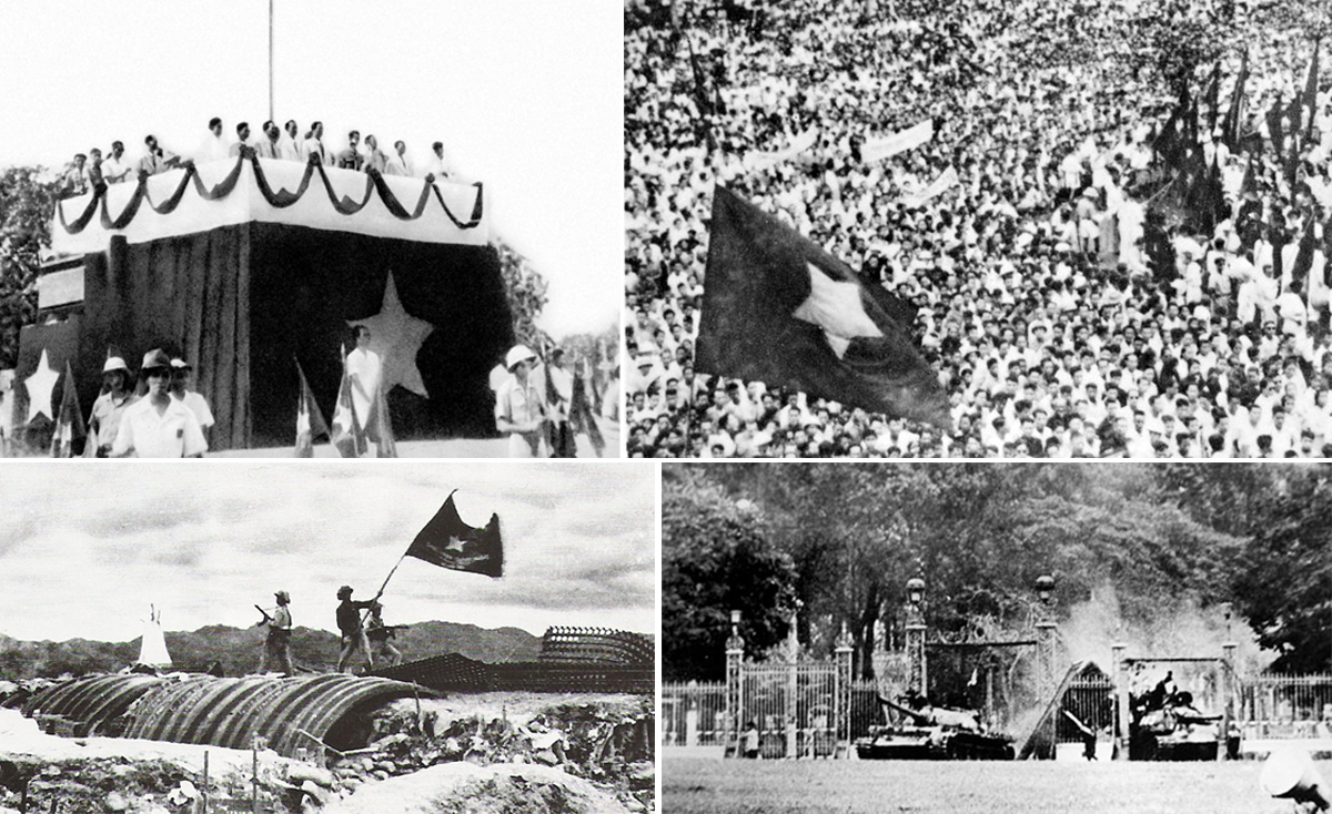 Bác Hồ đọc Tuyên ngôn độc lập ngày 2/9/1945; Chiến thắng Điện Biên Phủ năm 1954 và Chiến thắng 30/4/1975, thống nhất đất nước. Ảnh tư liệu