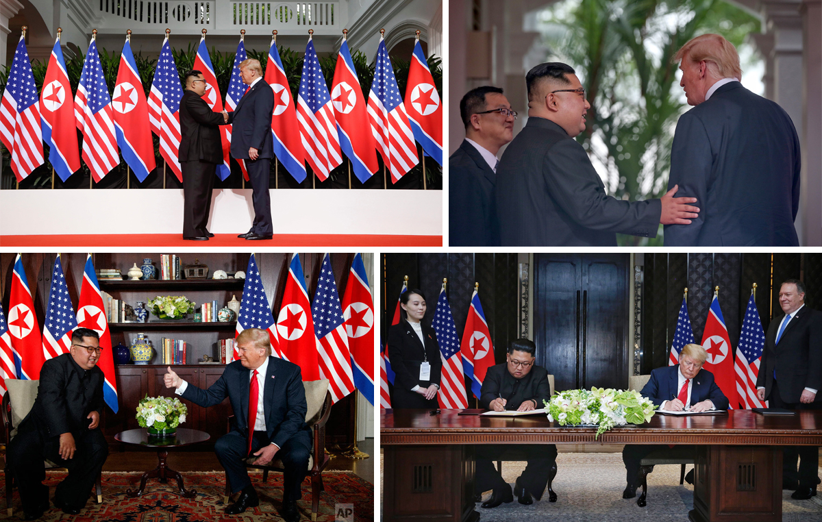 Tổng thống Mỹ Donald Trump và nhà lãnh đạo Triều Tiên Kim Jong-un tại Hội nghị thượng đỉnh Mỹ - Triều ngày 12/6/2018 ở Singapore.