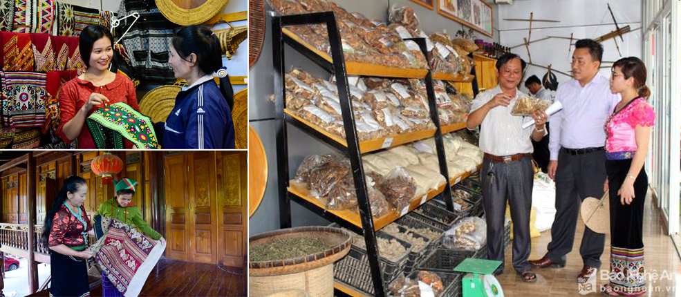Cửa hàng bày bán hơn 100 sản phẩm tiêu biểu của đồng bào các dân tộc thiểu số huyện Quế Phong, bên cạnh đó nhiều sản phẩm thổ cẩm được bà con giới thiệu và bán cho các thị trường nước ngoài.
