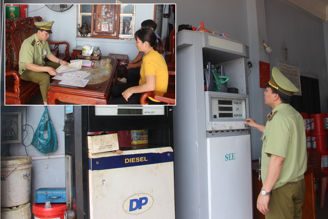 Đội quản lý thị trường số 4 kiểm tra cây xăng xầu tại xã Tiến Thủy, Quỳnh Lưu và làm việc với một trong những chủ cửa hàng xăng xầu tại xã Tiến Thủy.