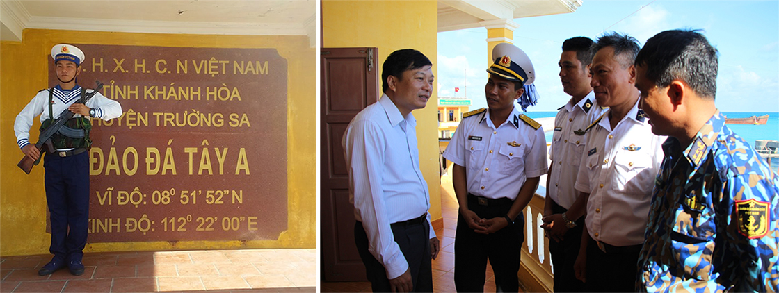 Chiến sỹ làm nhiệm vụ trên đảo Đá Tây A; Đồng chí Lê Hồng Vinh - Phó Chủ tịch UBND tỉnh (trái ảnh) thăm hỏi, động viên các chiến sỹ là người con xứ Nghệ đang công tác tại đảo Đá Tây A. 