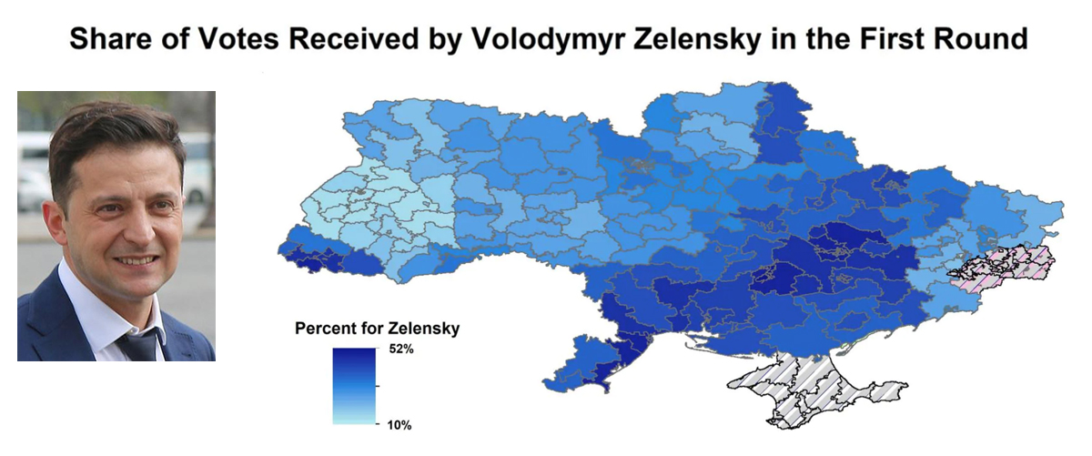 Sự phân bố phiếu bầu của Zelensky đã nhận được ở mỗi khu vực bầu cử Ukraine trong vòng đầu tiên của cuộc bầu cử tổng thống năm 2019.