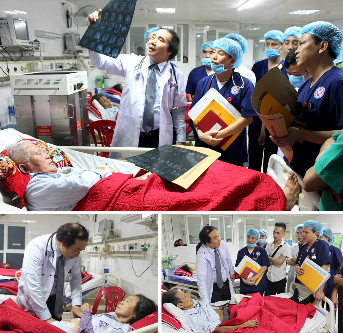  PGS.TS. Nguyễn Văn Chi trực tiếp thăm khám bệnh nhân, hướng dẫn nguyên tắc, kỹ thuật xử lý cấp cứu ban đầu đối với từng trường hợp bệnh cho đội ngũ y bác sĩ Bệnh viện Đa khoa Cửa Đông.