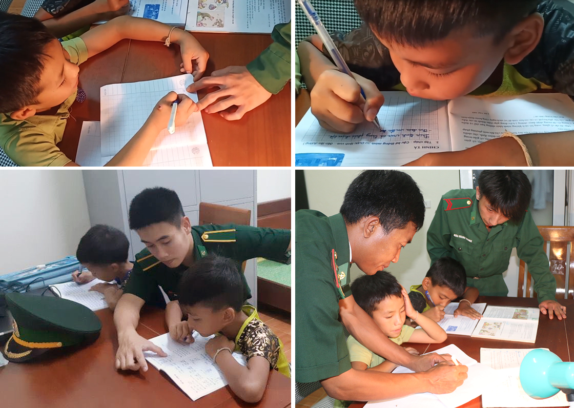 Cán bộ Đồn Biên phòng Mường Ải hướng dẫn hai cháu Xồng Bá Cha và Cụt Văn Nam học bài.
