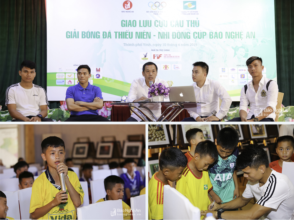 Giao lưu cựu cầu thủ Giải bóng đá TN-NĐ Cúp Báo Nghệ An; Cầu thủ Xuân Mạnh ký tặng cho các cầu thủ nhí.