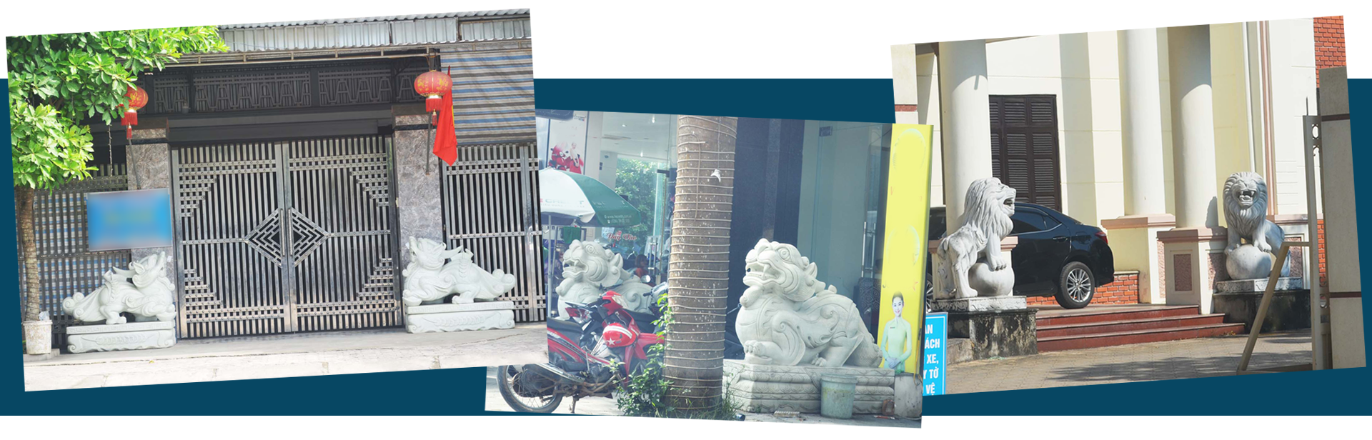 Linh vật ngoại được các đại gia ưa dùng, bày trước cổng nhà (ảnh chụp tại huyện Quỳ Hợp); Đôi sư tử đá ở trụ sở Sở LĐ-TB&XH (ảnh cuối).