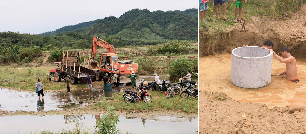 Huyện Con Cuông huy động máy móc đào các giếng khơi ở gần khe, suối giúp người dân có ngồn nước tạm thời. Ảnh: Bá Hậu