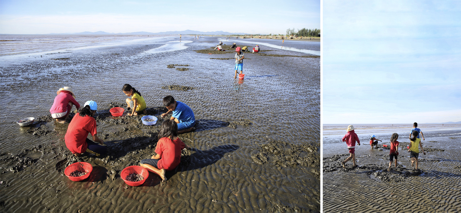 Những đứa trẻ sớm quen với công việc trên bãi biển. Ảnh: Hải Vương
