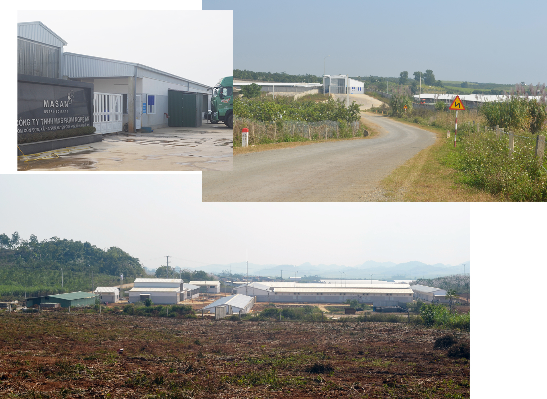 Ảnh trái sang, trên xuống: Cổng trang trại chăn nuôi,; đường vào khu chăn nuôi S2; khu chăn nuôi S1 đang được đầu tư xây dựng tại xã Hạ Sơn của Công ty MNS FARM Nghệ An.