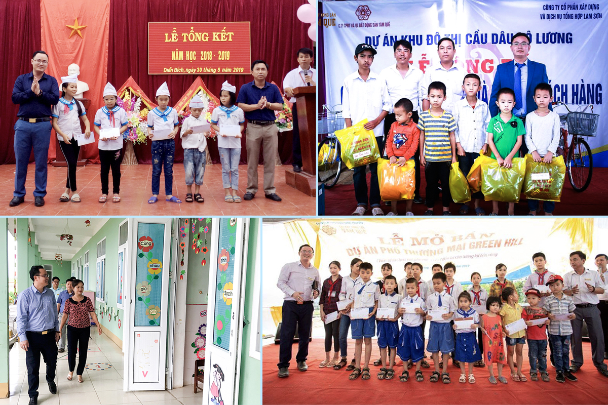 Lãnh đạo công ty trao quà học sinh nghèo vượt khó ở Diễn Châu, Đô Lương (2 ảnh trên); thăm hỏi, hỗ trợ trường học, trao quà học sinh nghèo ở Nghĩa Đàn.
