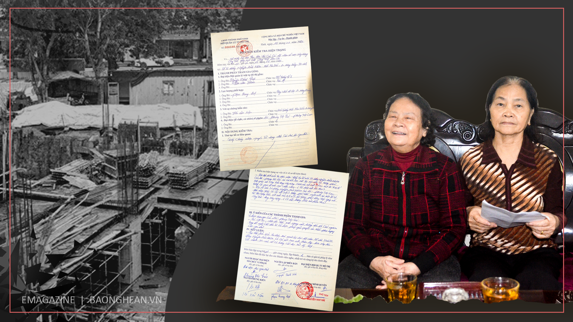 Bà Phùng Thị Cúc (bên phải) trao đổi với PV Báo Nghệ An; Biên bản số 000380/BB-QL.TTĐT ngày 15/1/2020 của Đội Quản lý trật tự đô thị TP. Vinh.