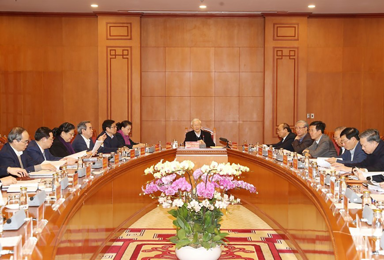 Tổng Bí thư, Chủ tịch nước Nguyễn Phú Trọng, Trưởng Tiểu ban Văn kiện Đại hội XIII của Đảng chủ trì cuộc họp của Tiểu ban, cho ý kiến vào dự thảo văn kiện Đại hội XIII.
