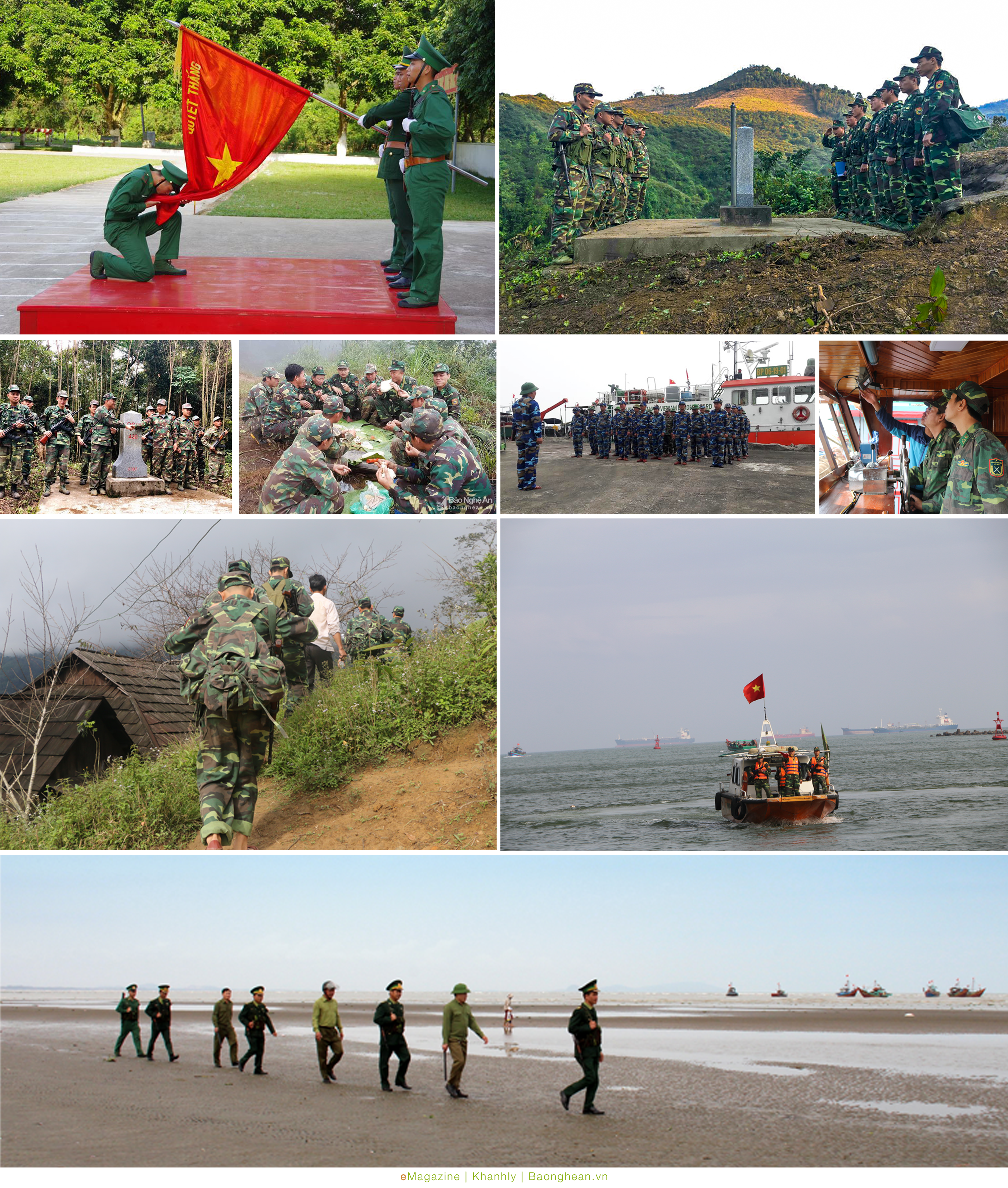 Chiến sỹ mới tuyên thệ; Hoạt động tuần tra song phương với nước bạn Lào cùng với đó các chiến sỹ, cán bộ Bộ đội Biên phòng luôn có mặt tại các điểm trọng yếu nơi biên giới trên đất liền cũng như biển đảo.