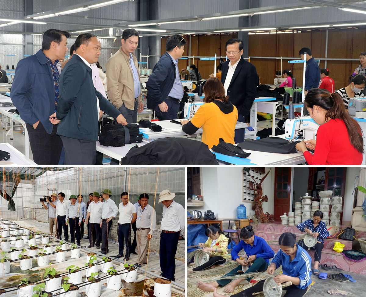 Lãnh đạo huyện thăm nhà máy may ở xã Sơn Thành; Xã Tân Thành áp dụng công nghệ cao sản xuất rau quả trong nhà lưới; Nông dân Thọ Thành tham gia nghề mây xâu xuất khẩu.