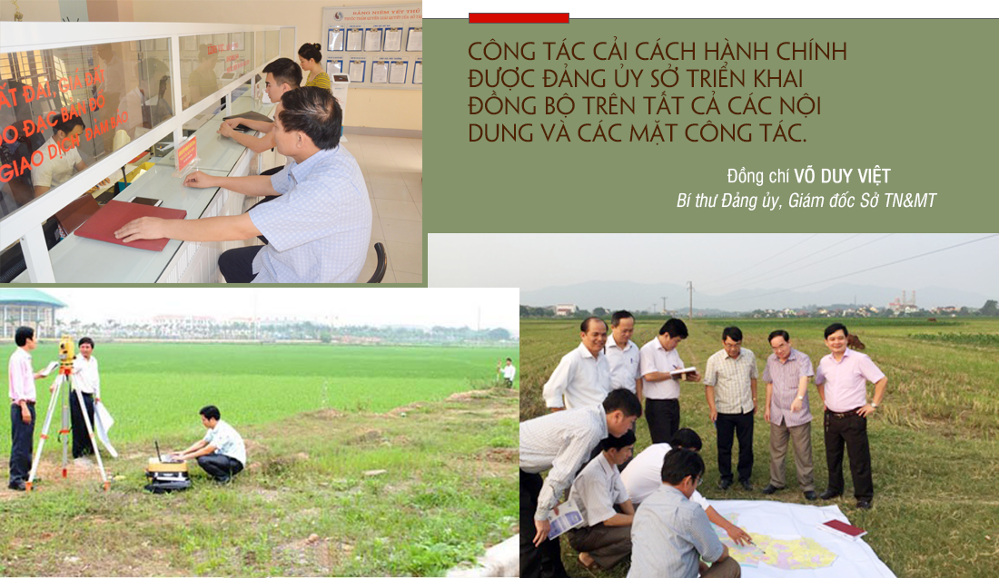 Giải quyết TTHC tại bộ phận Một cửa Sở TN&MT; Cán bộ Sở kiểm kê việc sử dụng đất tại xã Nghi Diên (Nghi Lộc); Đo đạc đất đai  phục vụ giải phóng mặt bằng cho các dự án.
