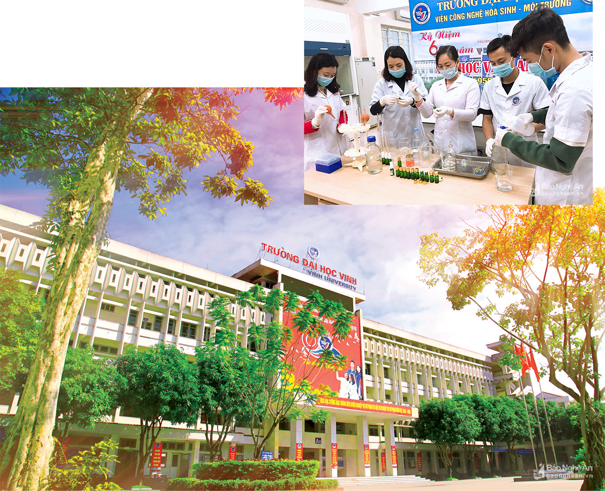 Quang cảnh Trường Đại học Vinh (ảnh lớn); Giờ thực hành của sinh viên Trường Đại học Vinh.
