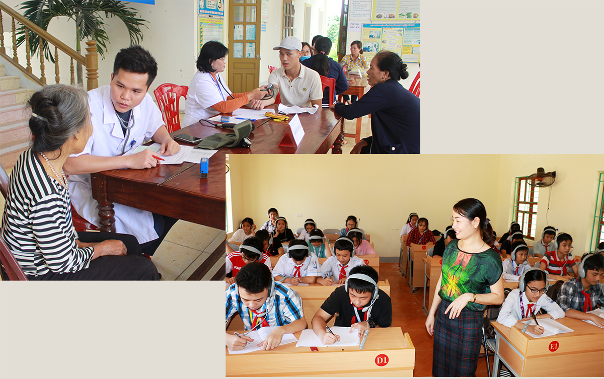 Câu lạc bộ Thầy thuốc trẻ huyện Thanh Chương thăm khám cho người dân; Giờ học ngoại ngữ của học sinh Trường THCS Tôn Quang Phiệt.