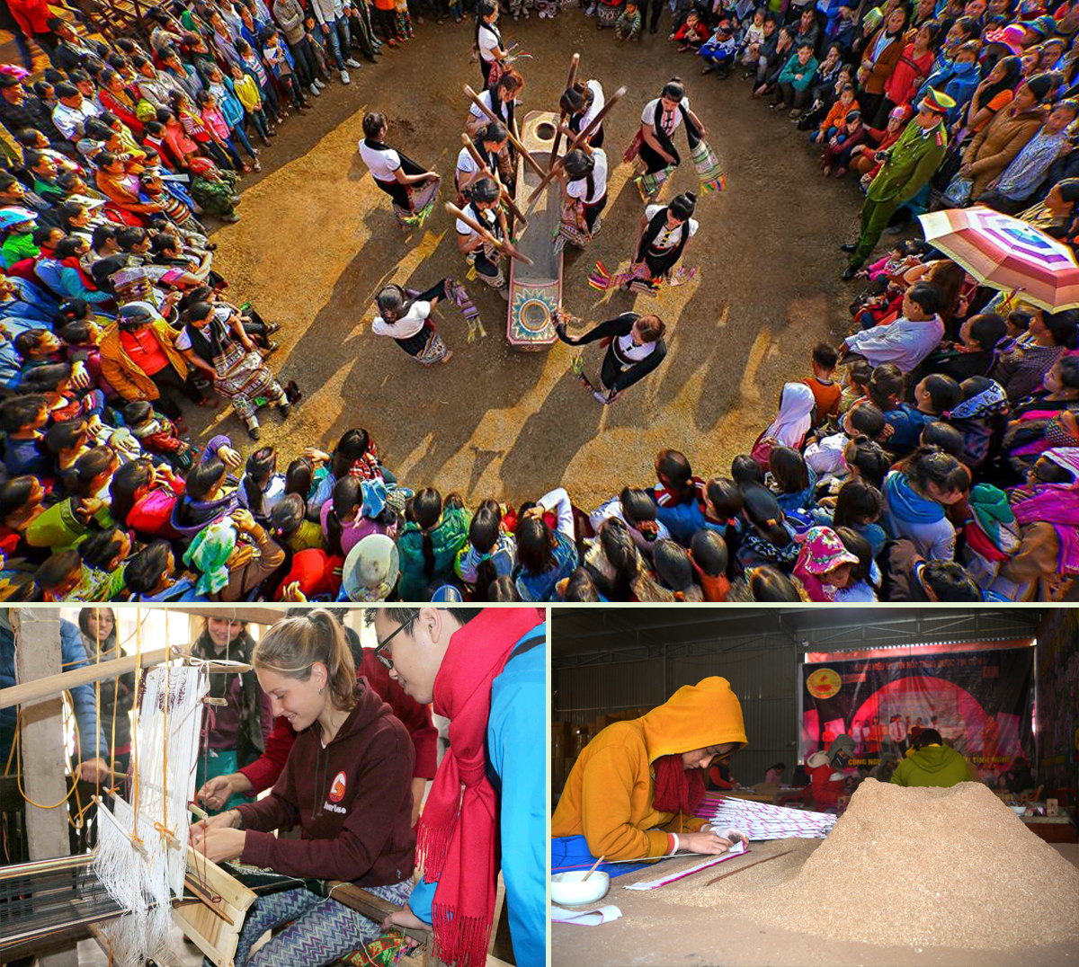 Lễ hội Hang Bua; Du khách trải nghiệm ở làng nghề dệt thổ cẩm bản Hoa Tiến; Làng nghề làm hương trầm ở Quỳ Châu.