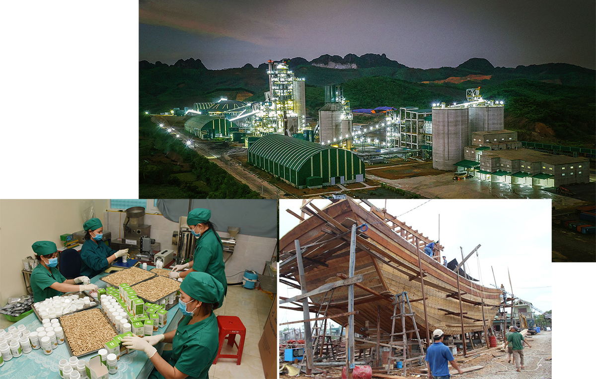 Toàn cảnh Nhà máy Xi măng Tân Thắng; Các sản phẩm từ tảo xoắn; Đóng tàu 67 ở xã Tiến Thủy.