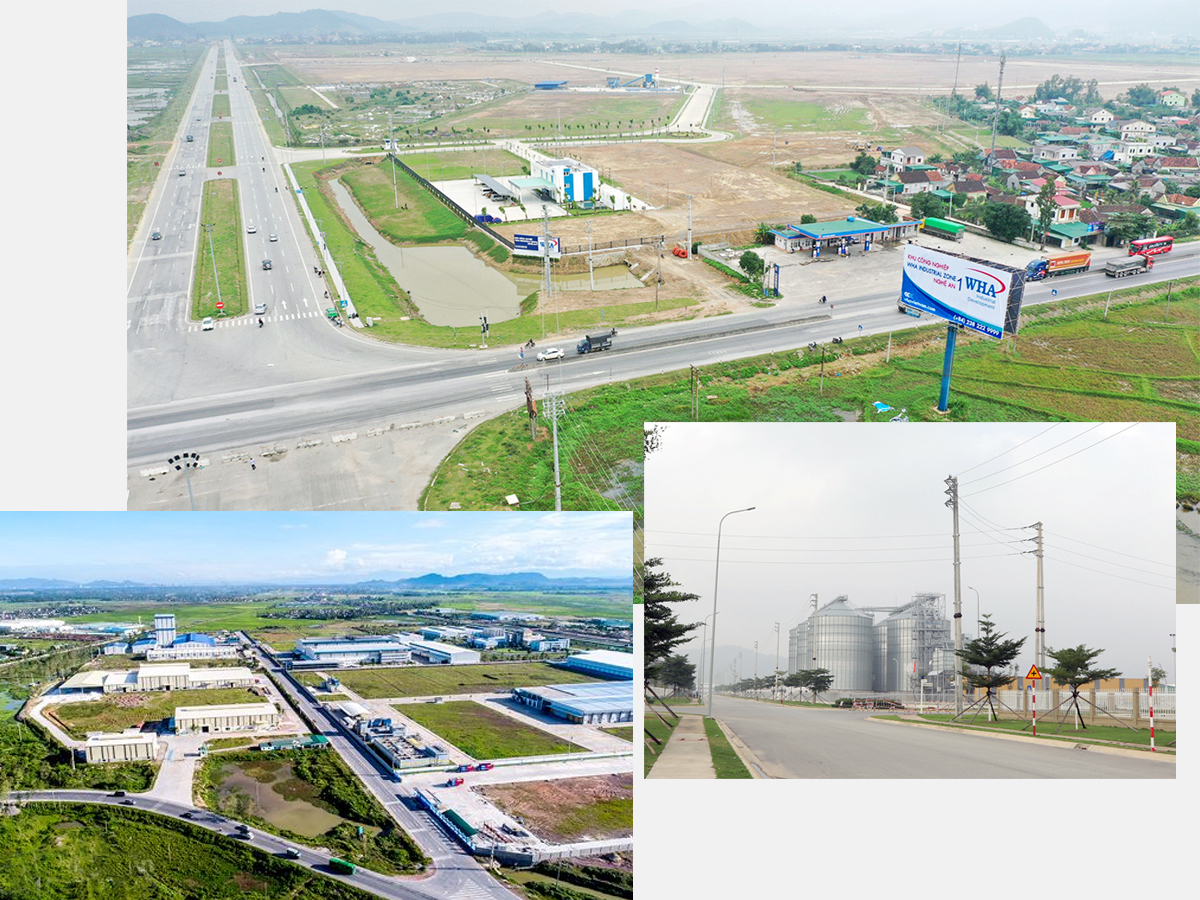 Ảnh trên xuống, trái sang: Khu công nghiệp WHA Industrial Zone 1 - Nghệ An; Khu kinh tế Đông Nam; Một góc Khu công nghiệp VSIP.