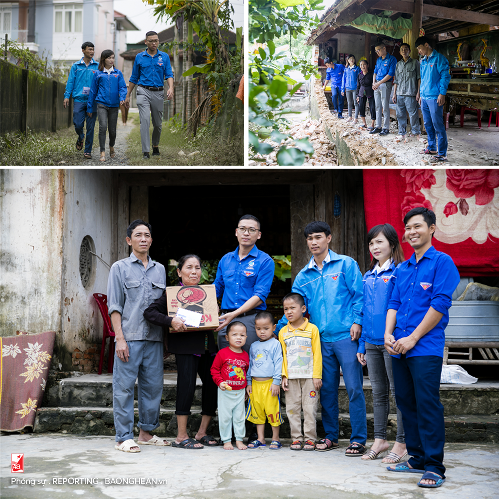 Nguyễn Tất Hùng và cán bộ Đoàn xã Minh Sơn đến thăm gia đình bà Nguyễn Thị Hồng (SN 1953) ở xóm Hội Long, xã Minh Sơn (Đô Lương) bị sập tường do mưa lũ .