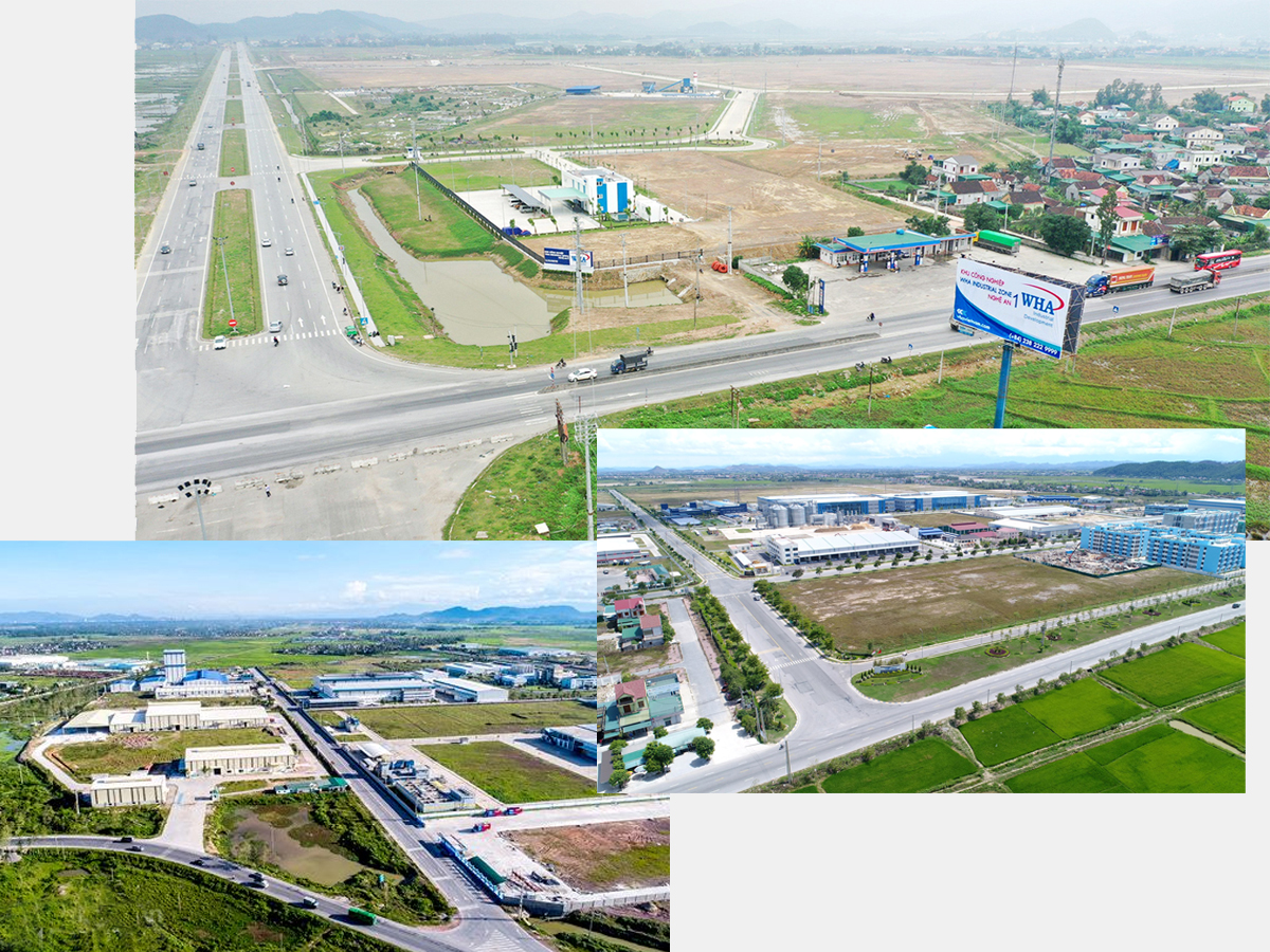 Ảnh trên xuống: Khu công nghiệp WHA Industrial Zone 1 - Nghệ An; Khu công nghiệp VSIP và Khu kinh tế Đông Nam.