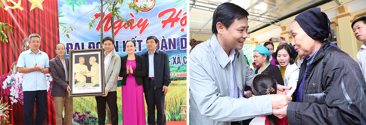 Đồng chí Hồ Lê Ngọc và các đồng chí lãnh đạo tỉnh trao quà của tỉnh cho bà con bản Nhang Thắm, xã Châu Cường (Quỳ Hợp) trong Ngày hội Đại đoàn kết. 