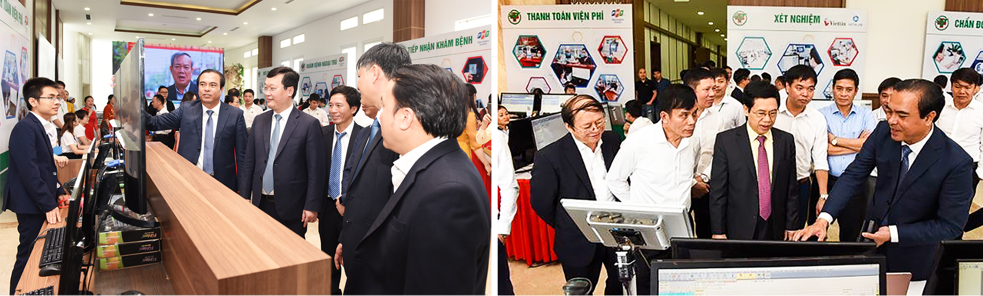 Lãnh đạo tỉnh Nghệ An, lãnh đạo ngành Y tế tham quan Khu trưng bày mô hình Bệnh viện thông minh đã triển khai tại Bệnh viện Đa khoa thành phố Vinh.