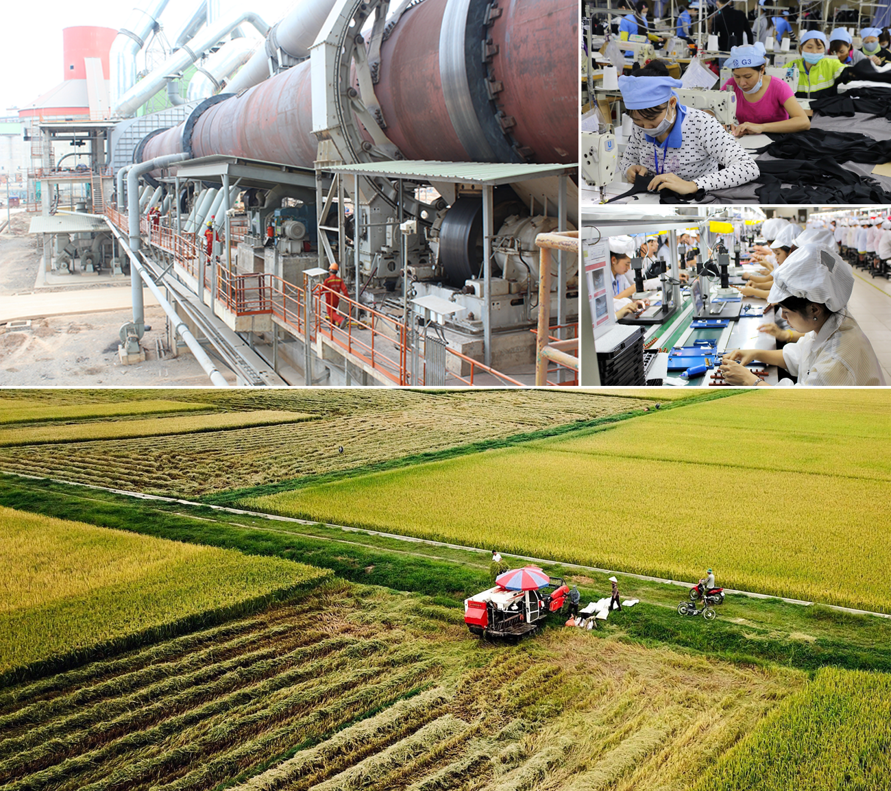 Dây chuyền sản xuất Clinker tại Nhà máy xi măng Đô Lương; Sản xuất tại CCN ở Diễn Châu và Công ty điện tử BSE; Nông dân huyện Nam Đàn thu hoạch lúa bằng cơ giới.