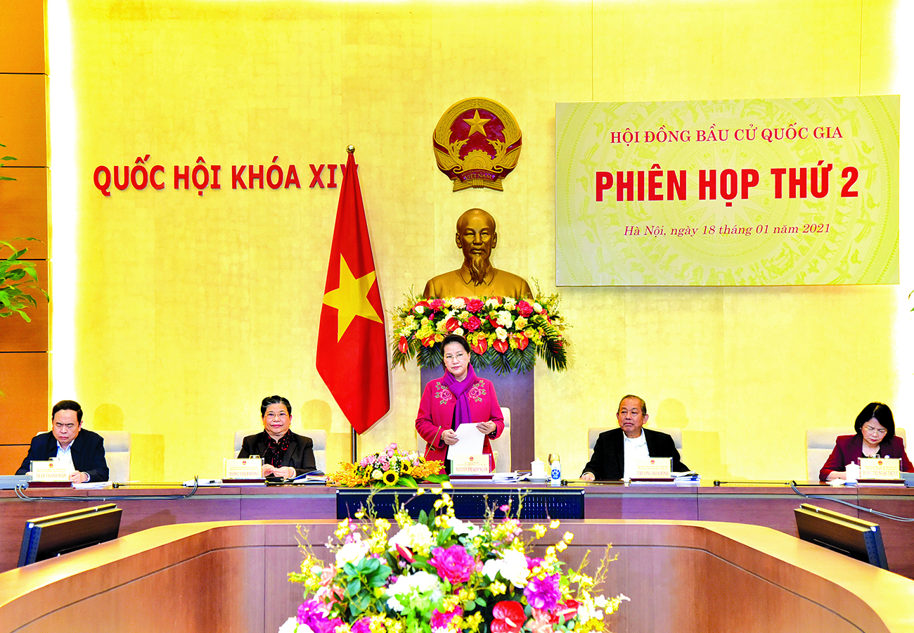 Chủ tịch Quốc hội Nguyễn Thị Kim Ngân chủ trì phiên họp thứ hai, Hội đồng Bầu cử quốc gia ngày 18/1. Ảnh: daibieunhandan