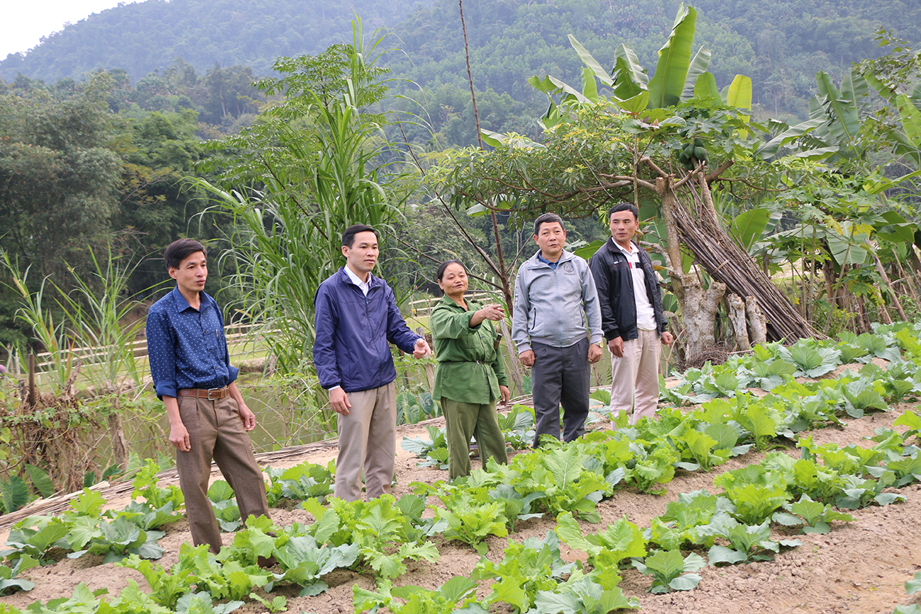Lãnh đạo xã Hạnh Dịch (Quế Phong) và Chi ủy chi bộ Bản Vinh Tiến trò chuyện với đảng viên Lương Thị Thi - người tiên phong trồng rau màu ở vùng Na Cày.