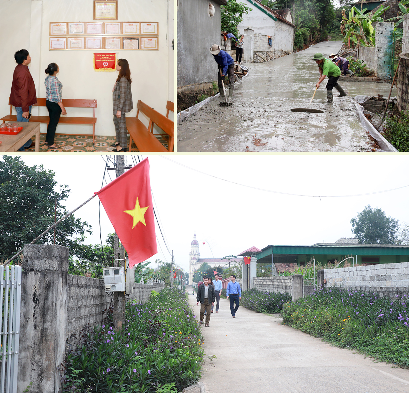 Cán bộ xóm 10, xã Nghi Văn (Nghi Lộc) giới thiệu về những thành tích của xóm; Người dân Nghi Văn làm đường giao thông nông thôn;  Đường hoa nông thôn mới ở các xóm của xã Nghi Văn.