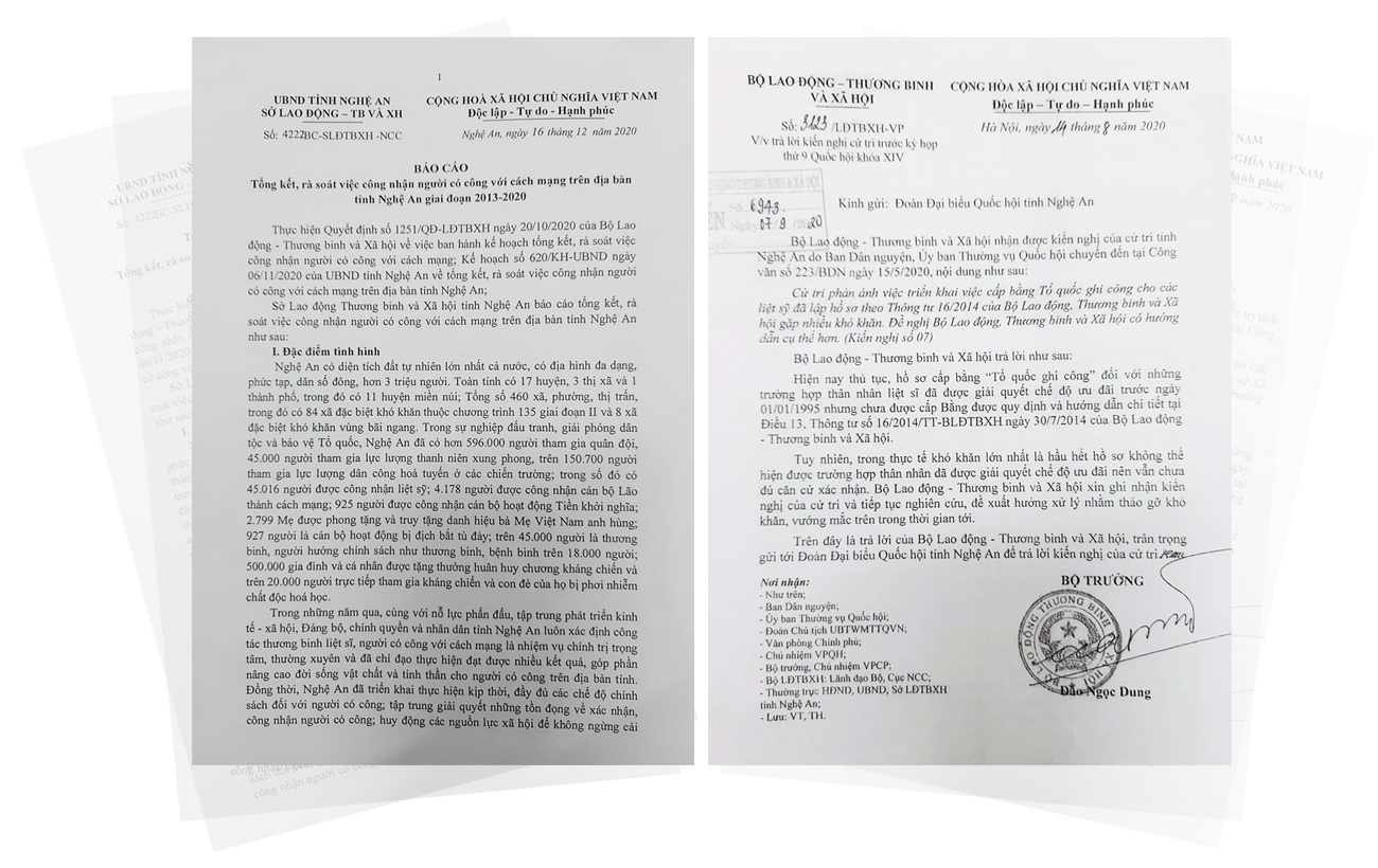 Báo cáo số 422/BC-SLĐTBXH-NCC của Sở LĐ-TB&XH Nghệ An; Văn bản số 3123/LĐTBXH-VP của Bộ LĐ-TB&XH gửi đến Đoàn đại biểu Quốc hội tỉnh Nghệ An.