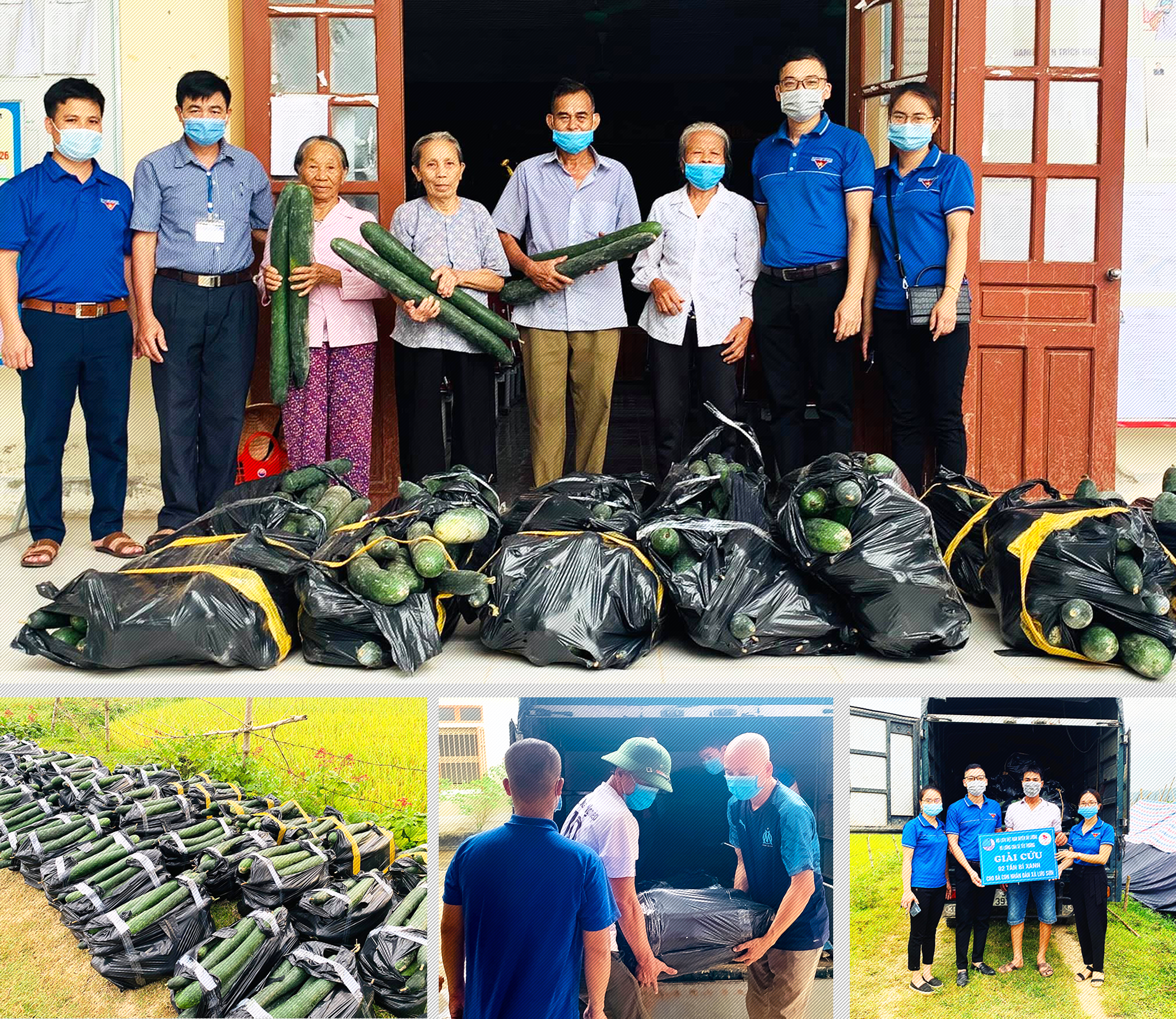 Nhóm thiện nguyện “Đô Lương - chia sẻ yêu thương tặng bí xanh thu mua giải cứu cho người nghèo ở xóm Lưu Quang, xã Lưu Sơn.