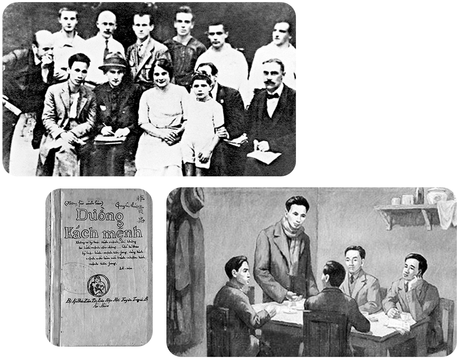 Nguyễn Ái Quốc (hàng ngồi, bìa trái) với một số đại biểu dự Đại hội Quốc tế Cộng sản lần thứ V, tháng 7/1924; Tác phẩm 