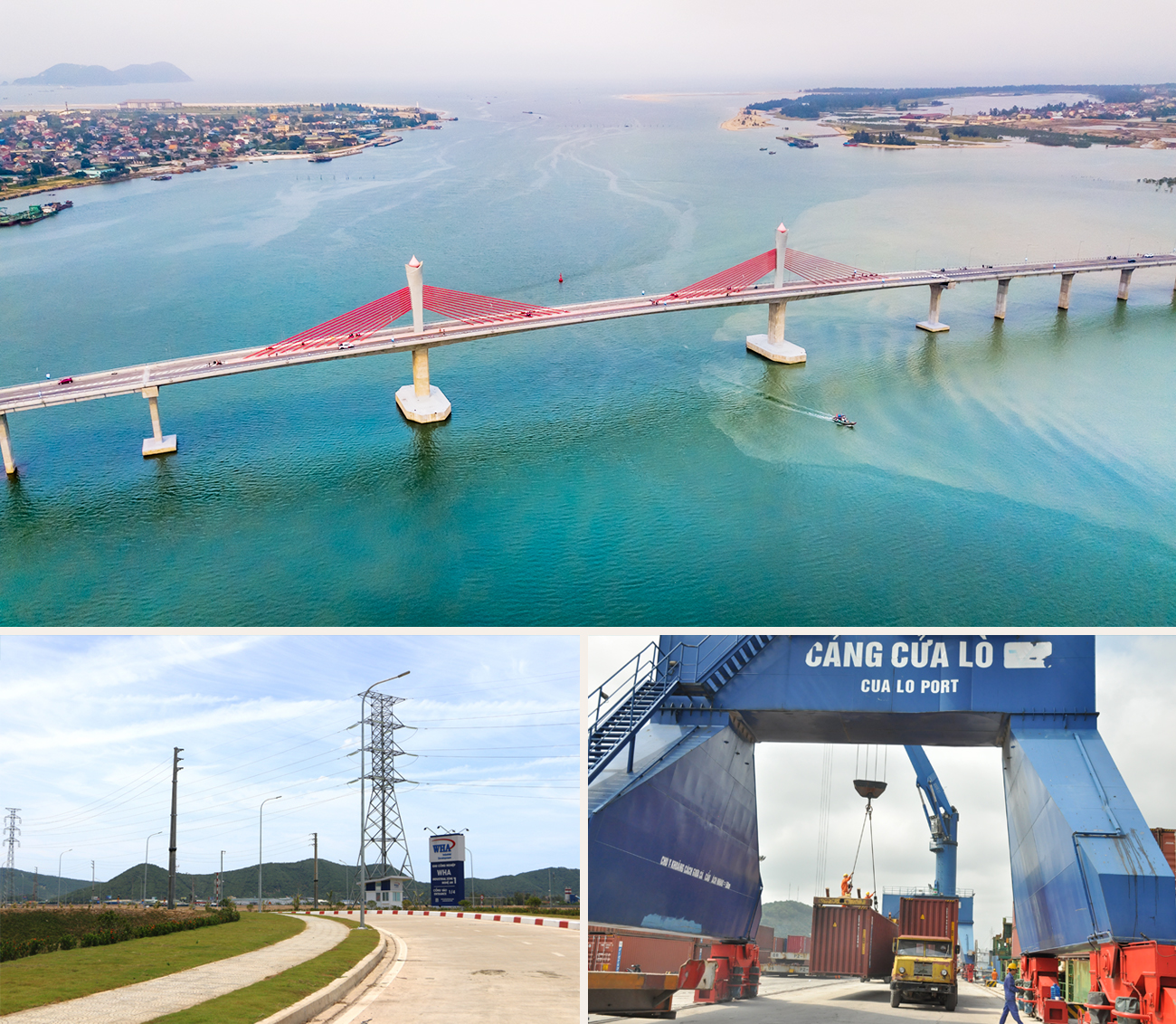 Cầu Cửa Hội bắc qua sông Lam sẽ kết nối giao thương giữa 2 tỉnh Nghệ An và Hà Tĩnh; Hệ thống hạ tầng trong KCN WHA đồng bộ, hiện đại, đáp ứng nhu cầu của nhà đầu tư; Bốc dỡ hàng hóa tại cảng Cửa Lò. 