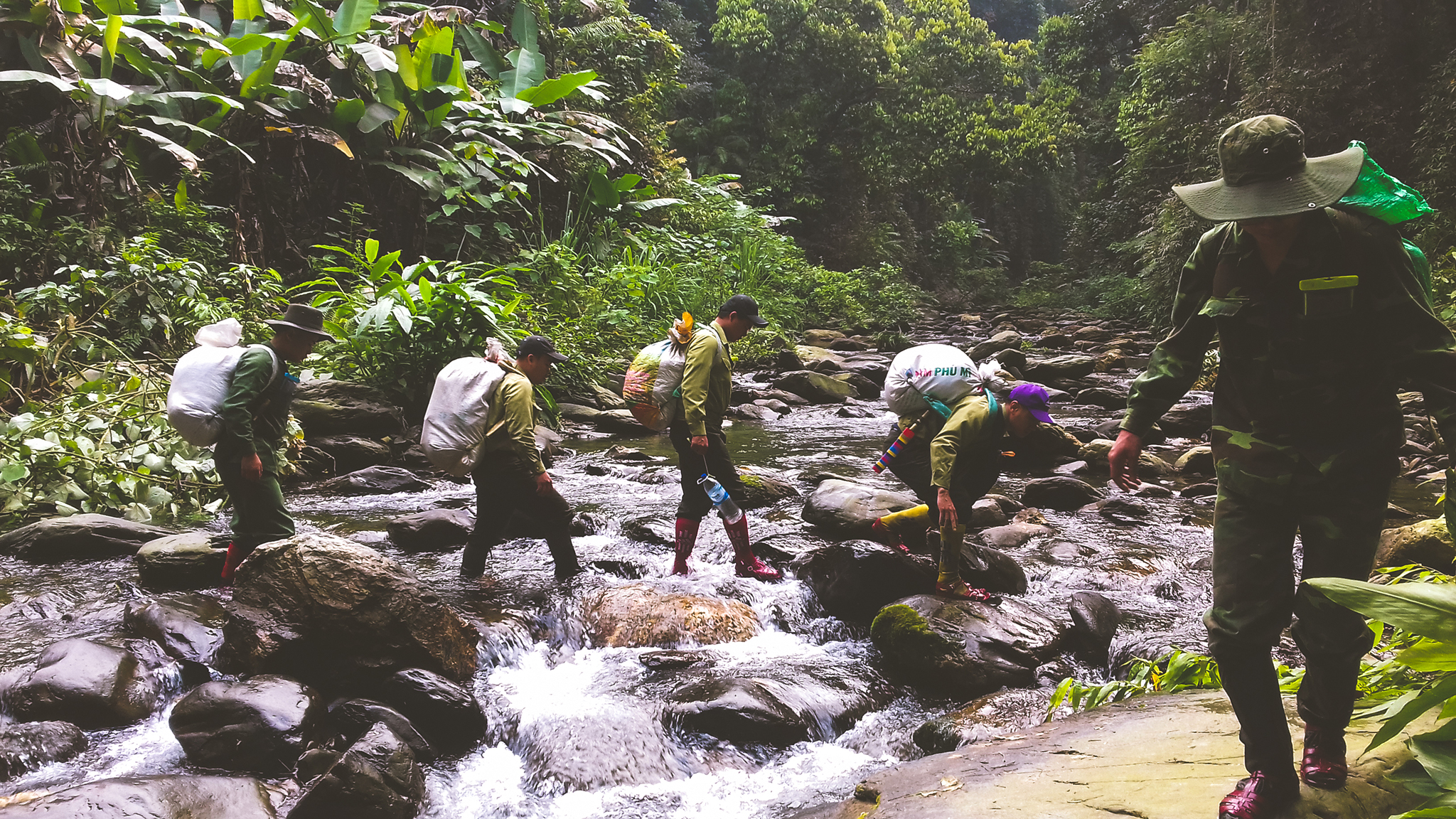 Lực lượng kiểm lâm Vườn Quốc gia Pù Mát thực hiện công tác bảo vệ rừng.