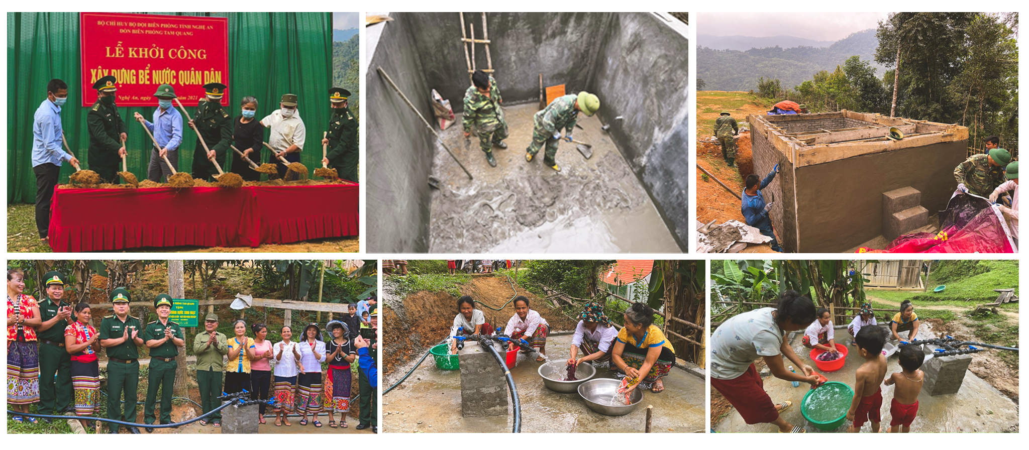 Đồn Biên phòng Tam Quang giúp dân bản Tùng Hương xây dựng bể nước sạch; Niềm vui của người dân bản Tùng Hương khi có nước sạch.