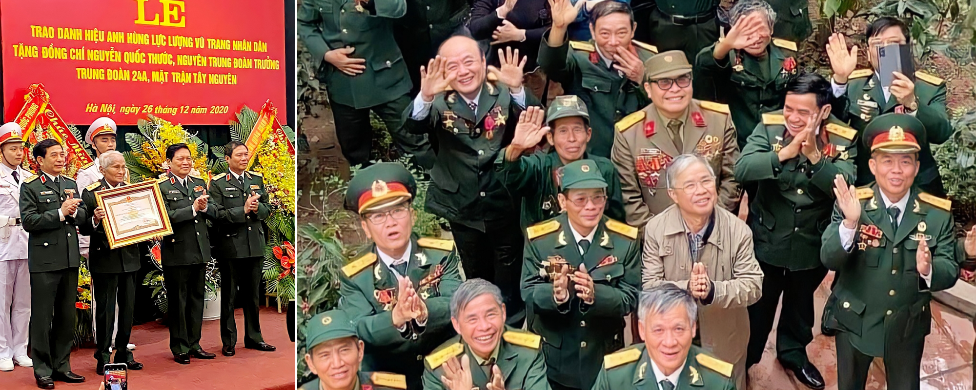 Hình ảnh đồng đội đến chúc mừng Trung tướng Nguyễn Quốc Thước nhận danh hiệu Anh hùng LLVT nhân dân. Ảnh: Tư liệu