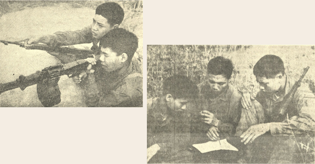 Những hình ảnh đăng trên báo QĐND ra ngày 4/8/1971: Ảnh trái: Phùng Quang Thanh (phía sau) đang chỉ mục tiêu cho chiến sĩ trung liên Bùi Đức Thành; Phùng Quang Thanh (bên phải) cùng chính trị viên Phạm Văn Mộc và chính trị viên phó Nguyễn Văn Phong bàn kế hoạch chiến đấu.