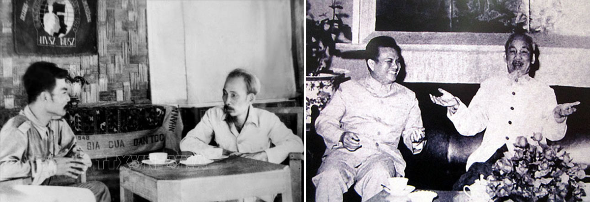 Chủ tịch Hồ Chí Minh tiếp Hoàng thân Xuphanuvông tại Việt Bắc năm 1948 (ảnh trái) và trao đổi với đồng chí Cayxỏn Phômvihản tại Hà Nội năm 1966. Ảnh: Tư liệu