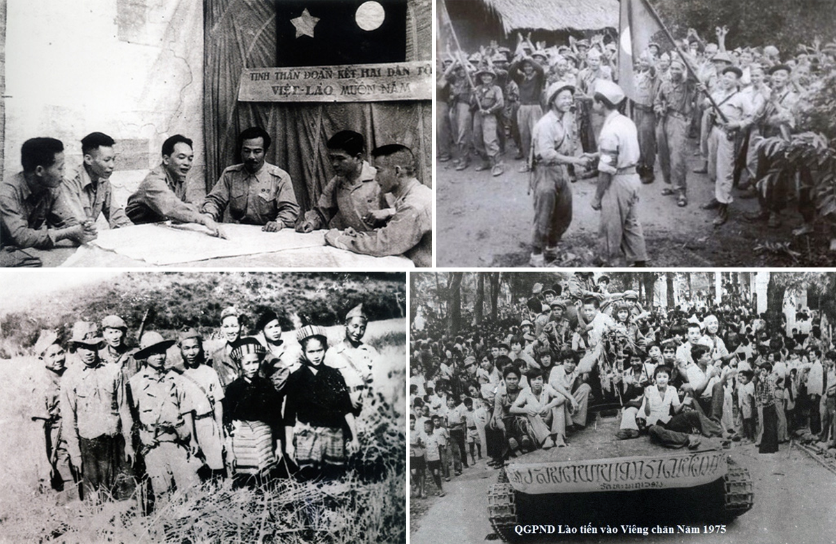 Đại tướng Võ Nguyên Giáp (thứ ba từ trái sang), Hoàng thân Xu-pha-nu-vông (thứ tư từ trái sang) cùng các cán bộ Quân đội Việt - Lào bàn kế hoạch mở Chiến dịch Thượng Lào, năm 1953; Quân tình nguyện Việt Nam và quân giải phóng nhân dân Lào; Quân tình nguyện Việt Nam giúp nông dân Lào gặt lúa tại Khu II, Thượng Lào, năm 1949; Quân giải phóng nhân dân Lào tiến vào Viêng Chăn năm 1975. Ảnh: Tư liệu