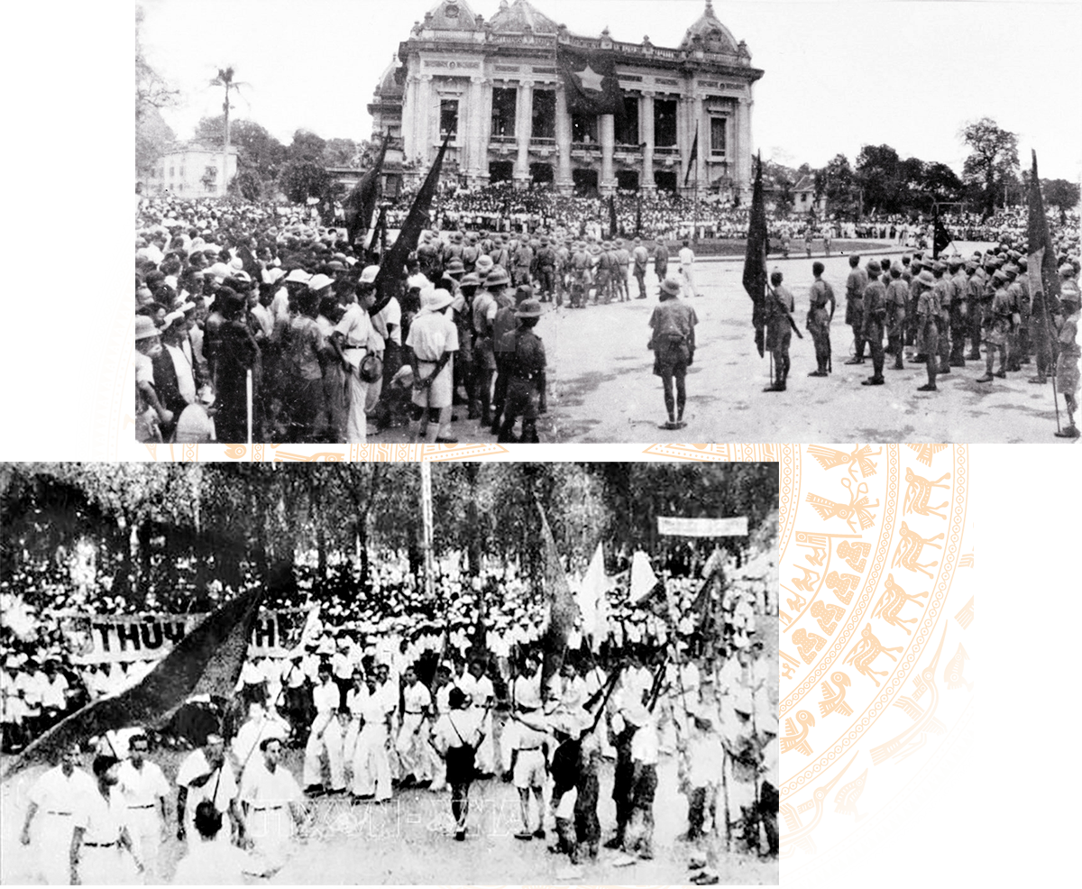 Mít tinh Tổng khởi nghĩa tại Quảng trường Nhà hát lớn Hà Nội ngày 19/8/1945; Nhân dân Sài Gòn biểu tình giành chính quyền ngày 25/8/1945. Ảnh: Tư liệu