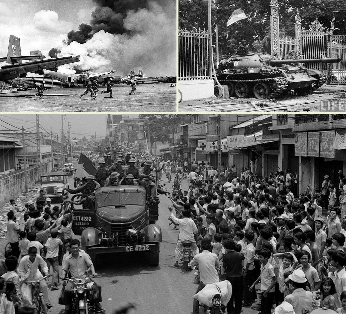 Quân giải phóng miền Nam tấn công sân bay Tân Sơn Nhất; Xe tăng quân giải phóng húc đổ cổng Dinh Độc lập; Nhân dân Sài Gòn đón chào quân Giải phóng tiến vào thành phố ngày 30/4/1975. Ảnh: TTXVN - Life