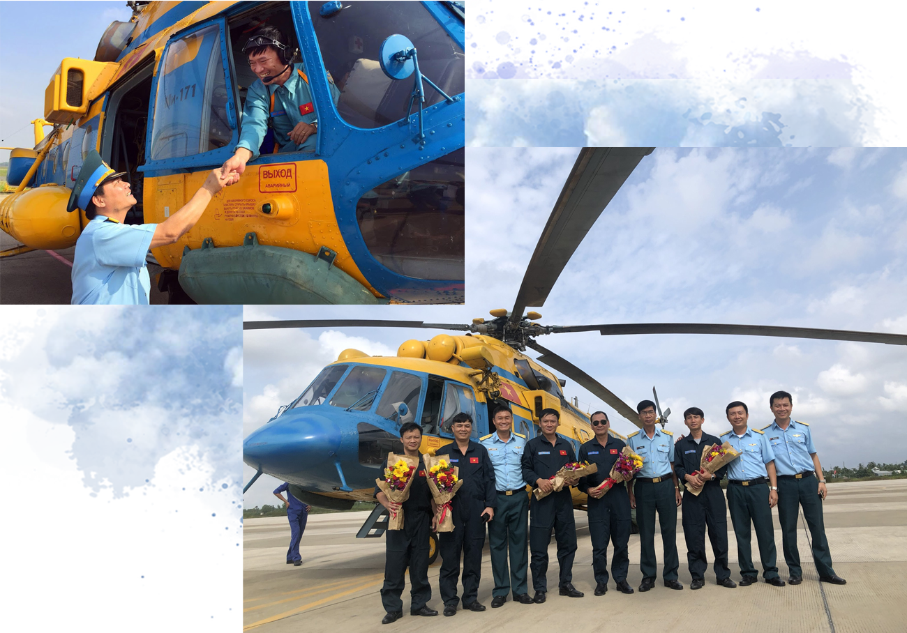 Đồng đội tặng hoa chúc mừng Ngô Hồng Sơn và tổ bay hoàn thành xuất sắc nhiệm vụ.